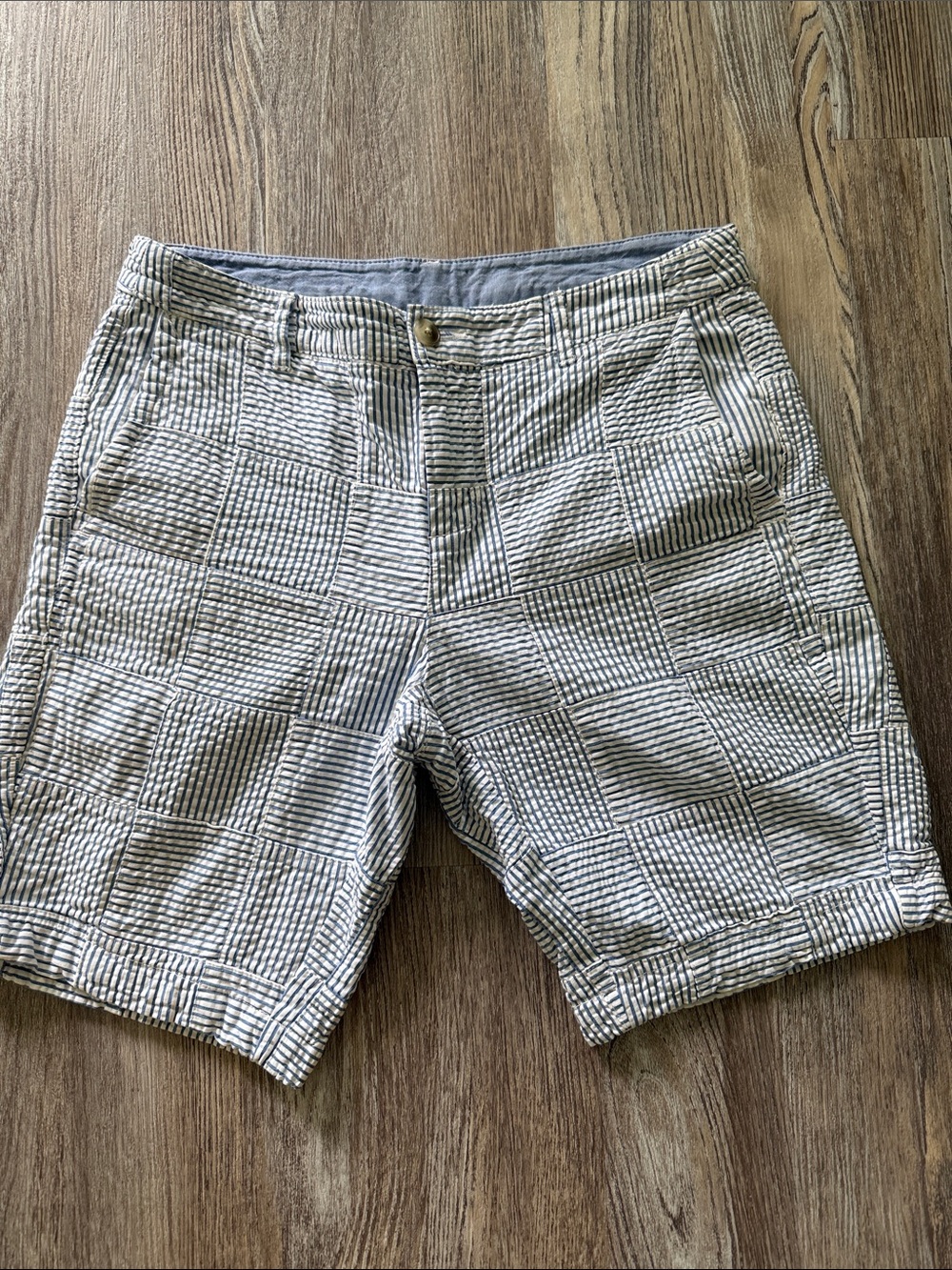 Women’s L.L. Bean Seer Sucker style, Blue and  White Patchwork Shorts